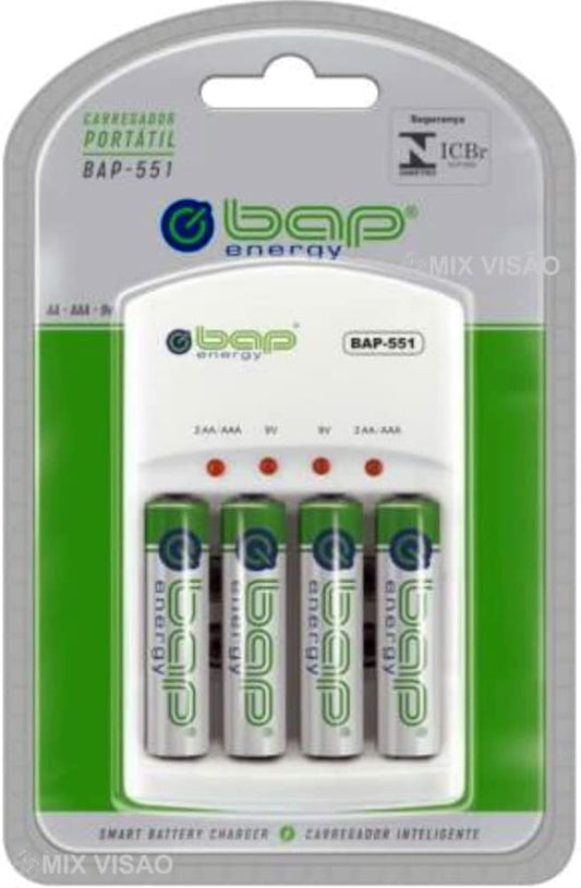 Bap Energy Carregador de pilhas e baterias (AA/AAA/9v) Com 4 Pilhas AA 2700 mah -551